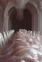 Midjourney generated image using SREF code Silken Mirage: A long table is set for a formal dinner with a chandelier.