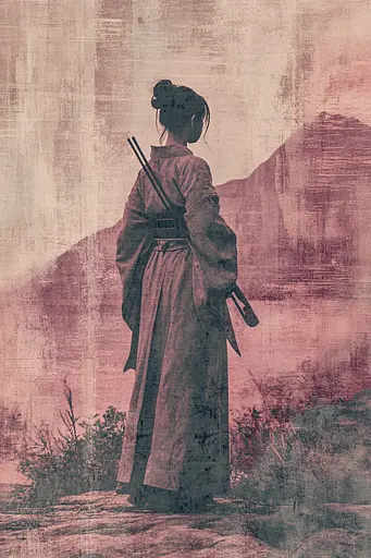 Midjourney generated image using SREF code Pastel Illusions: A woman in a kimono standing in front of a mountain.