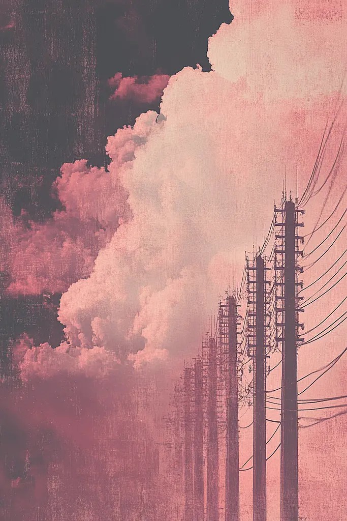 Midjourney generated image using SREF code Pastel Illusions: A picture of power lines with smoke coming out of them.