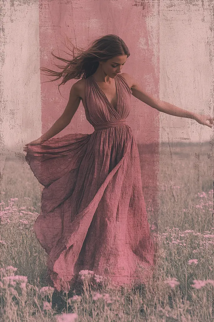 Midjourney generated image using SREF code Pastel Illusions: A woman in a long dress standing in a field of flowers.