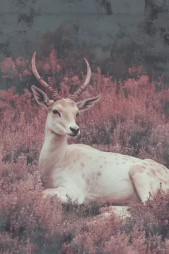 Midjourney generated image using SREF code Pastel Illusions: A white antelope laying in a field of pink flowers.