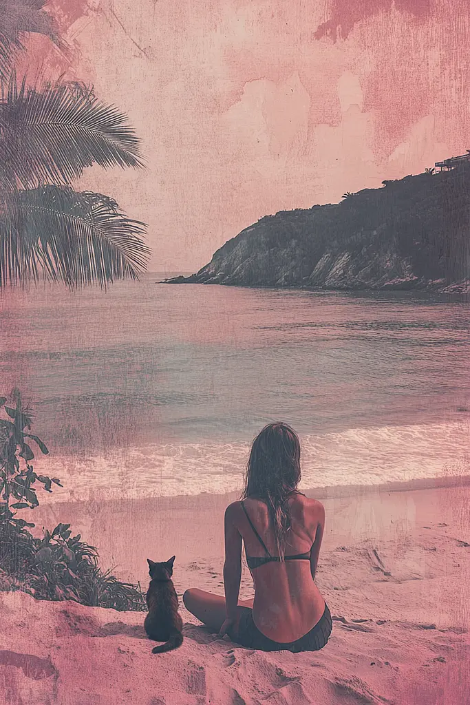 Midjourney generated image using SREF code Pastel Illusions: A woman sitting on a beach next to a cat.