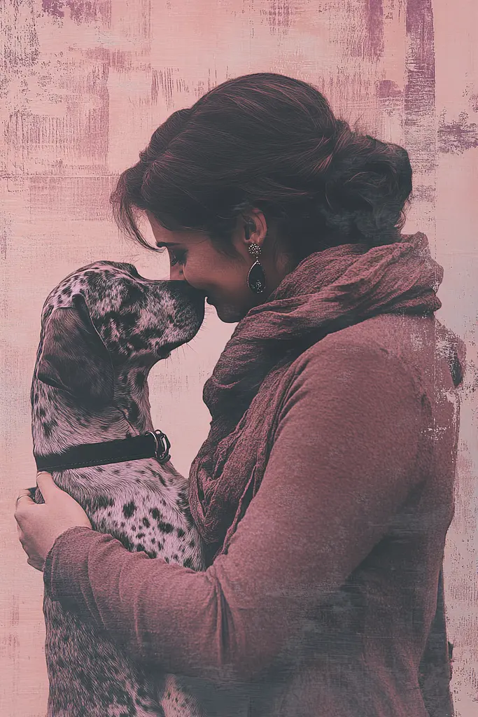 Midjourney generated image using SREF code Pastel Illusions: A woman is kissing a dog on the cheek.