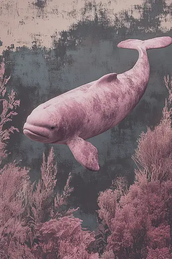 Midjourney generated image using SREF code Pastel Illusions: A pink whale swimming in the ocean surrounded by seaweed.