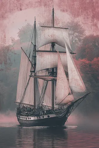 Midjourney generated image using SREF code Pastel Illusions: A tall ship sailing in the ocean on a foggy day.