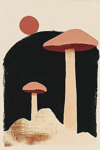 Midjourney generated image using SREF code Terra Silhouette: A drawing of two mushrooms in the desert with a red sun in the background.