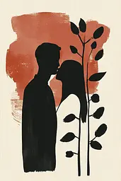 Midjourney generated image using SREF code Terra Silhouette: A silhouette of a man and a woman kissing in front of a tree.