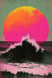 Midjourney generated image using SREF code Neon Requiem: A painting of a sunset over the ocean with a wave in the foreground.