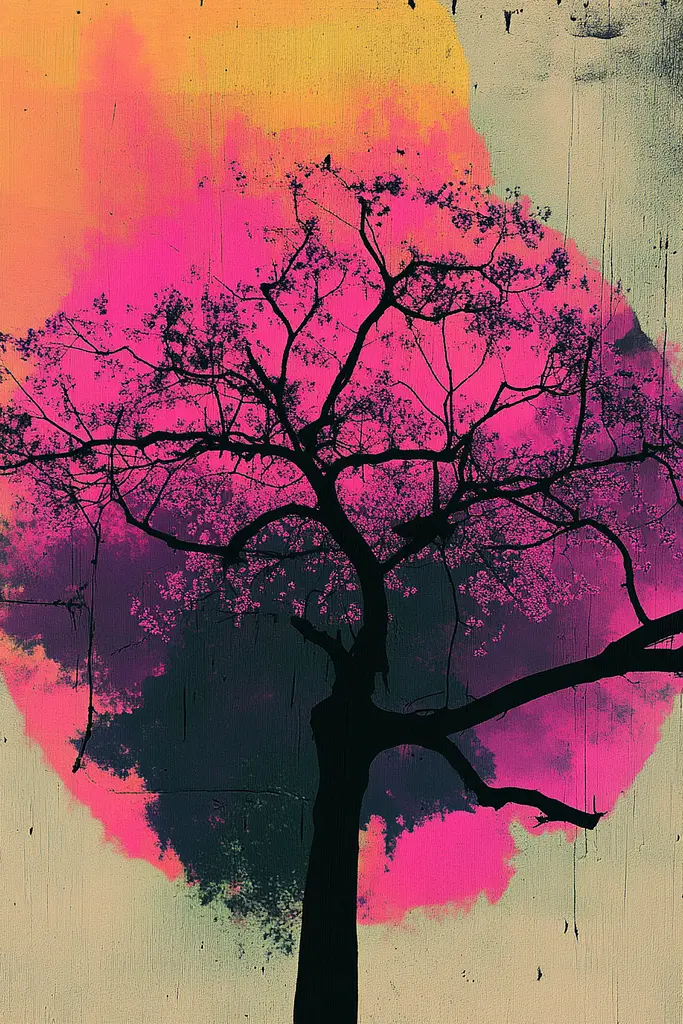 Midjourney generated image using SREF code Neon Requiem: A painting of a tree with a pink and yellow background.