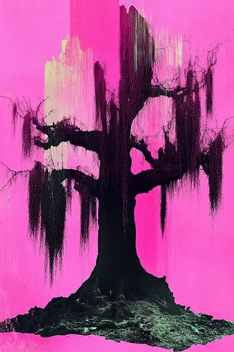 Midjourney generated image using SREF code Neon Requiem: A painting of a tree with spanish moss on it.