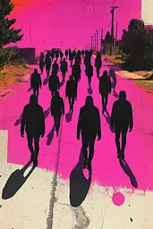 Midjourney generated image using SREF code Neon Requiem: A group of people walking down a street with pink paint.