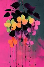 Midjourney generated image using SREF code Neon Requiem: A bunch of colorful flowers hanging from a tree branch.