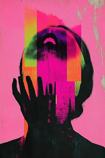 Midjourney generated image using SREF code Neon Requiem: A man with his head in his hands in front of a pink background.