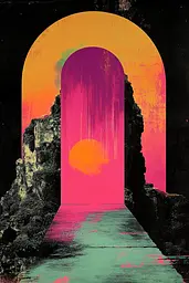 Midjourney generated image using SREF code Neon Requiem: A pink and yellow poster with an archway in the middle of it.