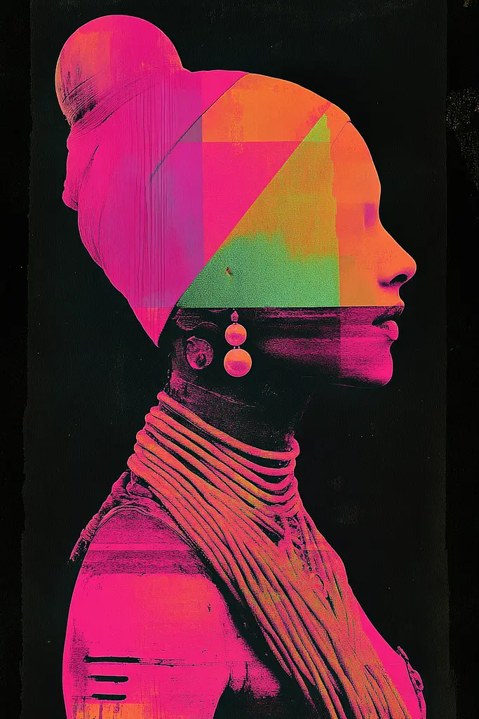 Midjourney generated image using SREF code Neon Requiem: A woman with a turban on her head is shown in pink and yellow.