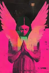 Midjourney generated image using SREF code Neon Requiem: A woman with pink wings is praying. 