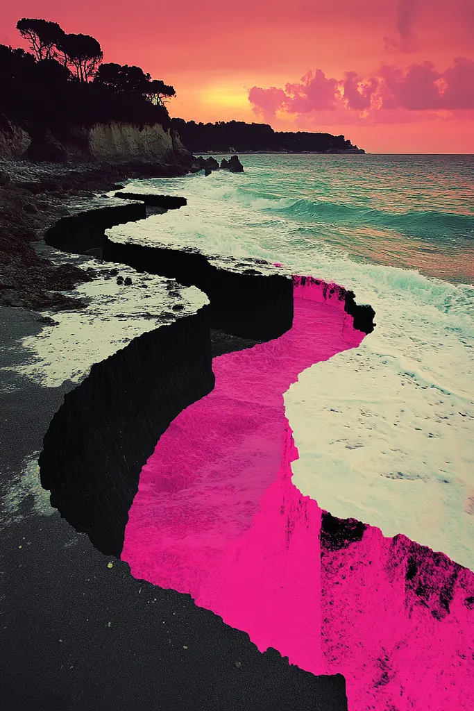 Midjourney generated image using SREF code Neon Requiem: A pink and black beach with a sunset in the background.