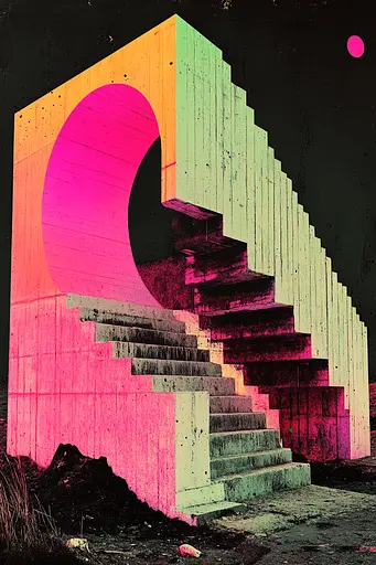 Midjourney generated image using SREF code Neon Requiem: A set of stairs leading up to a pink and yellow tunnel.