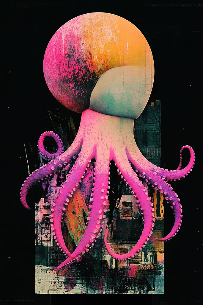 Midjourney generated image using SREF code Neon Requiem: A pink octopus with a city in the background.