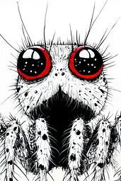 Midjourney generated image using SREF code Mono Dreamscape: A drawing of a jumping spider with red eyes.