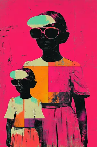 Midjourney generated image using SREF code Neon Requiem: A woman and a child wearing sunglasses on a pink background.