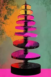 Midjourney generated image using SREF code Neon Requiem: A colorful spiral staircase on a pink and green background.