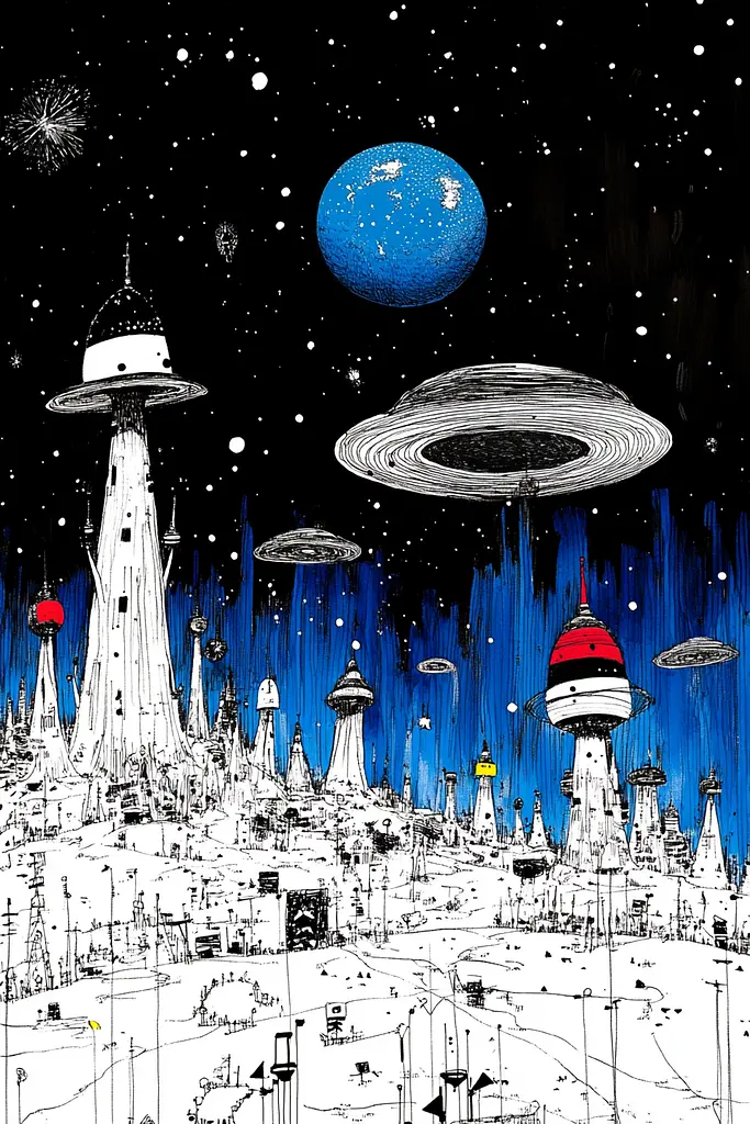 Midjourney generated image using SREF code Mono Dreamscape: A drawing of a futuristic city with ufos flying over it.