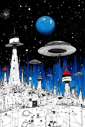 Midjourney generated image using SREF code Mono Dreamscape: A drawing of a futuristic city with ufos flying over it.