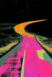 Midjourney generated image using SREF code Neon Requiem: A painting of a winding road in the middle of a field.