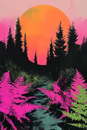 Midjourney generated image using SREF code Neon Requiem: A painting of a path through a forest with ferns in the foreground.