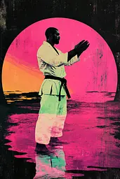 Midjourney generated image using SREF code Neon Requiem: A man in a karate kimono standing in front of a sunset.