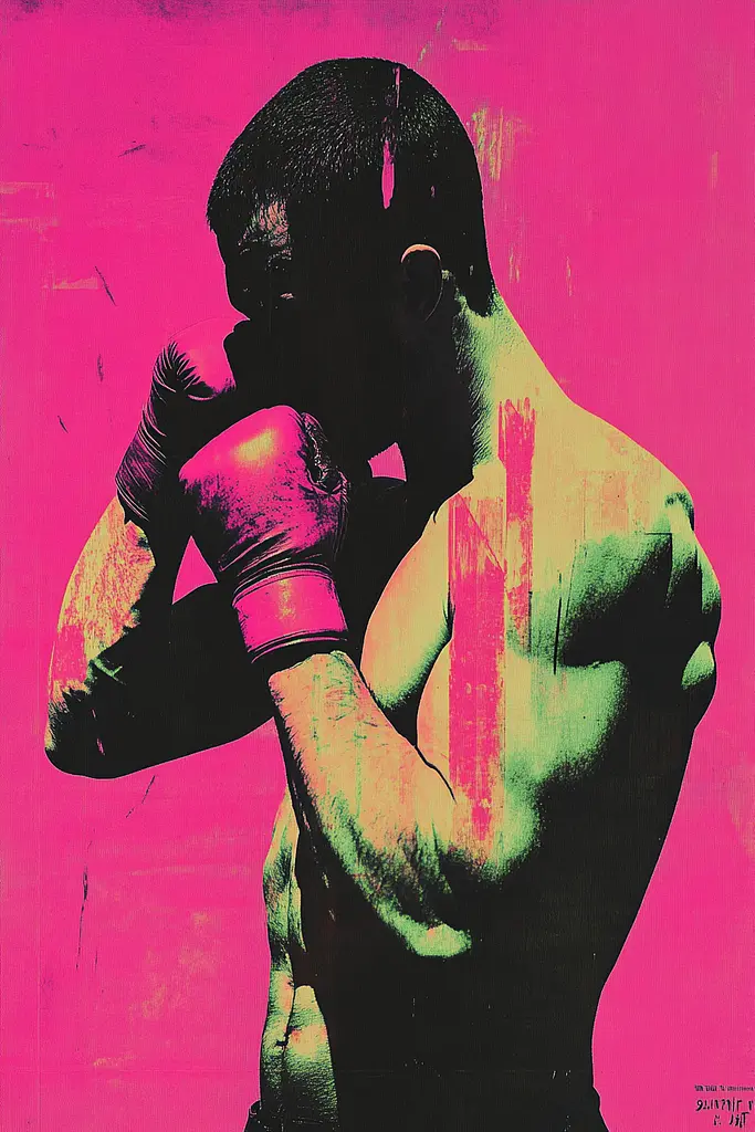 Midjourney generated image using SREF code Neon Requiem: A painting of a man wearing boxing gloves. 