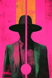 Midjourney generated image using SREF code Neon Requiem: A man in a suit and hat standing in front of a pink and yellow background.