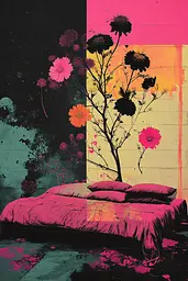 Midjourney generated image using SREF code Neon Requiem: A bed with a pink comforter and flowers on it.