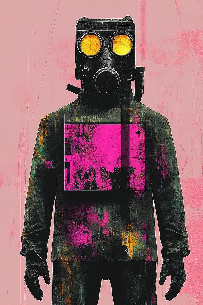 Midjourney generated image using SREF code Neon Requiem: A man wearing a gas mask standing in front of a pink background.