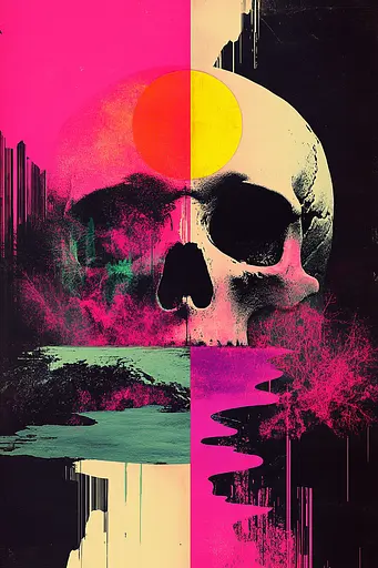 Midjourney generated image using SREF code Neon Requiem: A skull with a sunset in the background. 