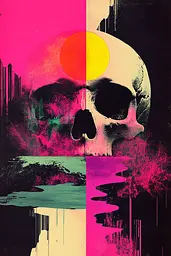 Midjourney generated image using SREF code Neon Requiem: A skull with a sunset in the background. 