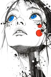 Midjourney generated image using SREF code Mono Dreamscape: A drawing of a girl with blue eyes and red dots on her face.