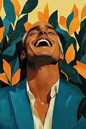 Midjourney generated image using SREF code Colorburst Fiesta: A man in a blue suit laughing in front of leaves.