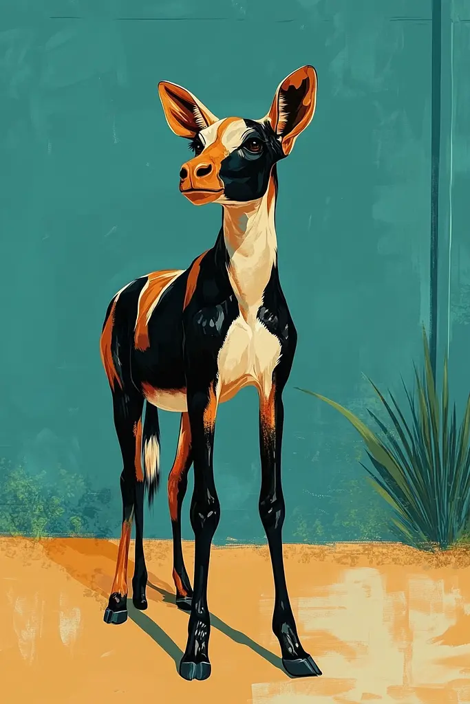 Midjourney generated image using SREF code Colorburst Fiesta: A painting of an okapi standing in front of a blue wall.