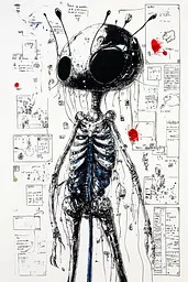 Midjourney generated image using SREF code Mono Dreamscape: A drawing of an alien with a skeleton on it.