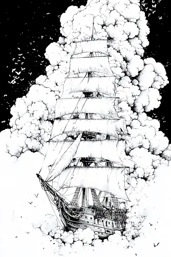 Midjourney generated image using SREF code Mono Dreamscape: A black and white drawing of a tall ship in the clouds.