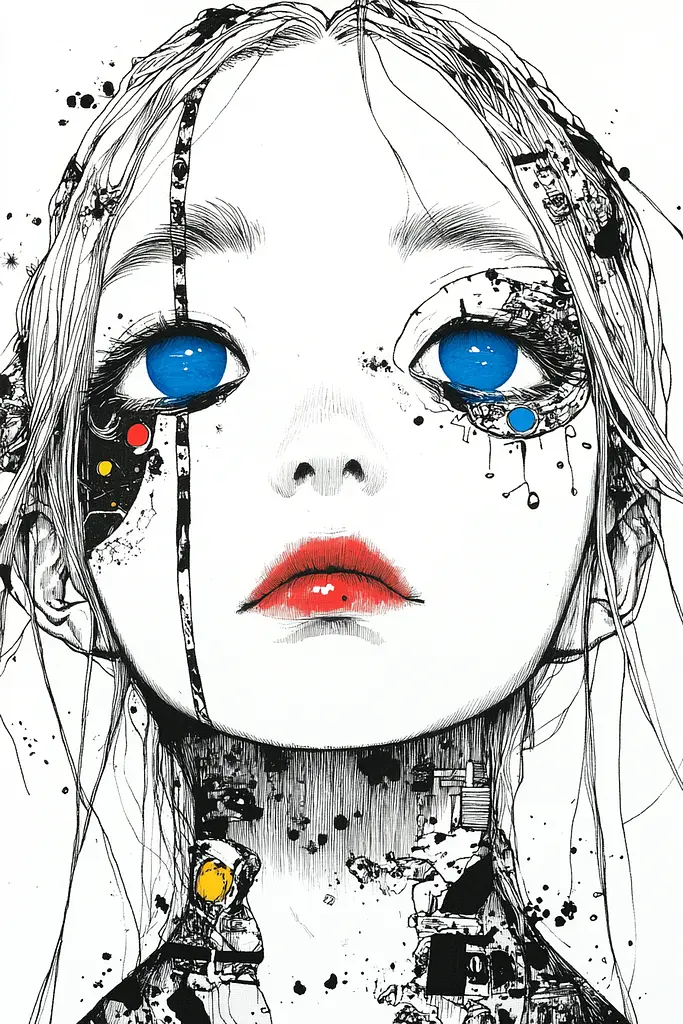 Midjourney generated image using SREF code Mono Dreamscape: A drawing of a girl with blue eyes and red lips.