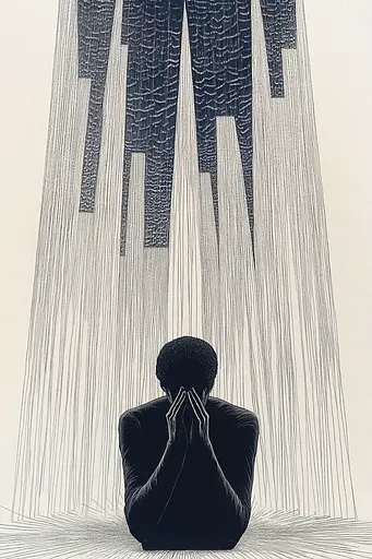 Midjourney generated image using SREF code Lineage Nexus: A black and white drawing of a person sitting in front of a waterfall.