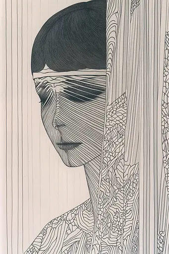 Midjourney generated image using SREF code Lineage Nexus: A black and white drawing of a woman's face behind a curtain.