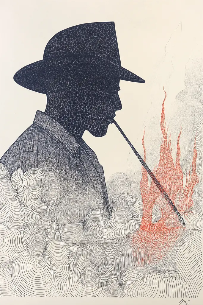 Midjourney generated image using SREF code Lineage Nexus: A drawing of a man in a hat smoking a pipe.