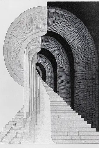 Midjourney generated image using SREF code Lineage Nexus: A black and white drawing of a stairway going up a tunnel.