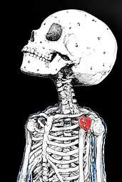 Midjourney generated image using SREF code Mono Dreamscape: A drawing of a skeleton holding a red heart.