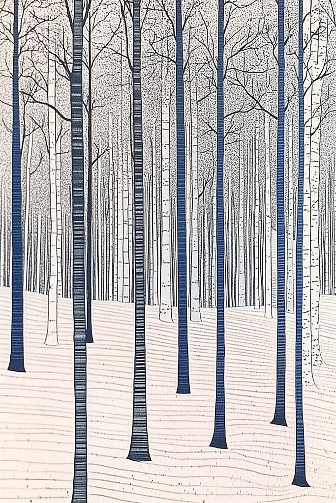 Midjourney generated image using SREF code Lineage Nexus: A drawing of a forest of trees in the snow.