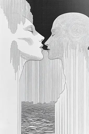 Midjourney generated image using SREF code Lineage Nexus: A black and white drawing of a man and a woman kissing.